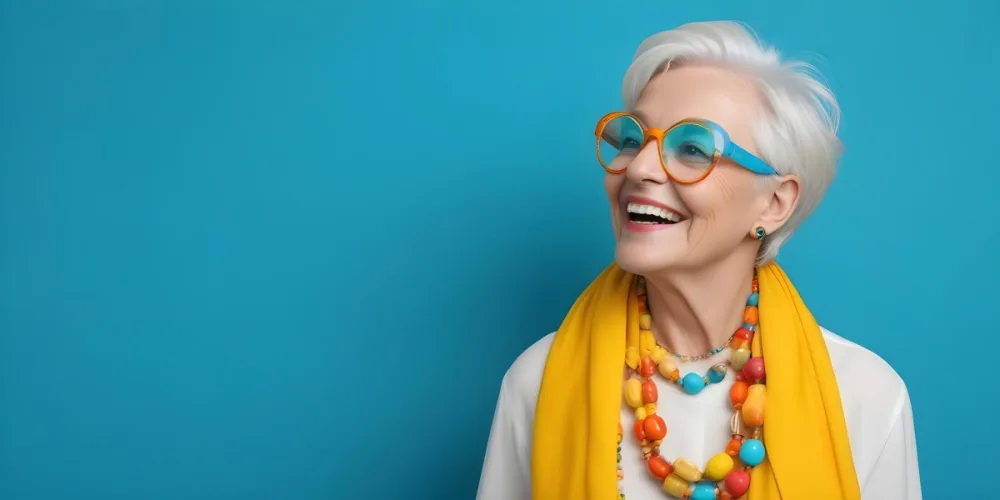 A Smiling Elderly Woman With Short Platinum Blonde Hair And Bright Yellow Oversized Glasses She Is Wearing A White Blouse And A Vibrant Blue Scarf Adorned With A Colorful Necklace Made Of Large Round Beads The Backgr 43 312f