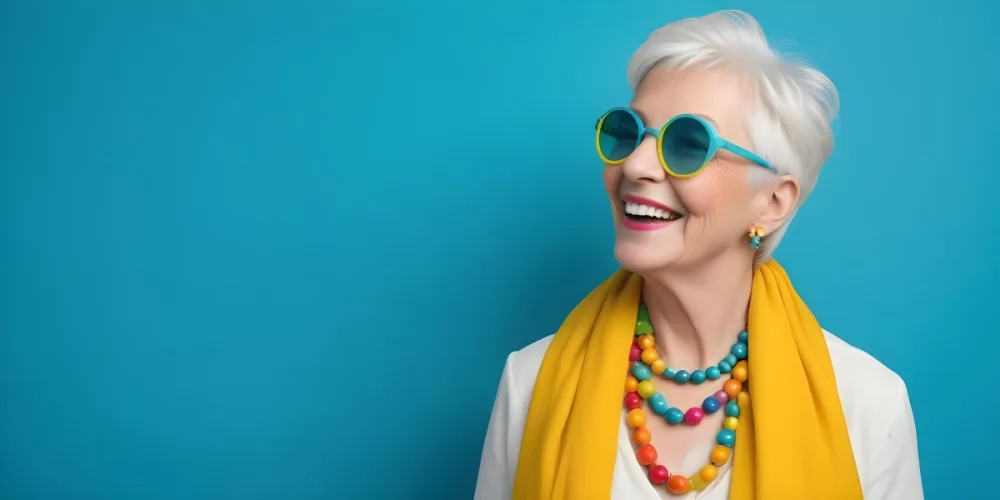 A Smiling Elderly Woman With Short Platinum Blonde Hair And Bright Yellow Oversized Glasses She Is Wearing A White Blouse And A Vibrant Blue Scarf Adorned With A Colorful Necklace Made Of Large Round Beads The Backgr 50 9289