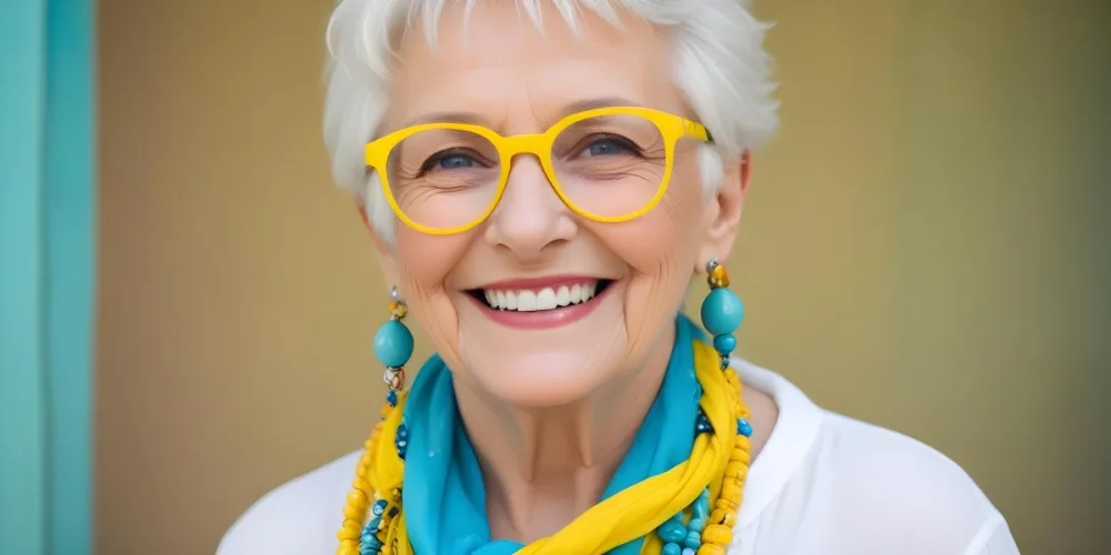 A Smiling Elderly Woman With Short Platinum Blonde Hair And Bright Yellow Oversized Glasses She Is Wearing A White Blouse And A Vibrant Blue Scarf Adorned With A Colorful Necklace Made Of Large Round Beads The Backgr 51 E1d4