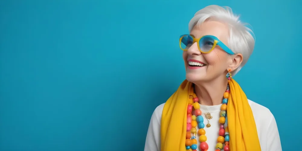 A Smiling Elderly Woman With Short Platinum Blonde Hair And Bright Yellow Oversized Glasses She Is Wearing A White Blouse And A Vibrant Blue Scarf Adorned With A Colorful Necklace Made Of Large Round Beads The Backgr 6 9e43