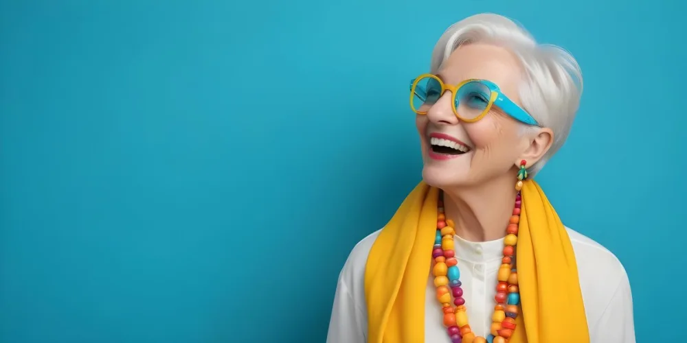 A Smiling Elderly Woman With Short Platinum Blonde Hair And Bright Yellow Oversized Glasses She Is Wearing A White Blouse And A Vibrant Blue Scarf Adorned With A Colorful Necklace Made Of Large Round Beads The Backgrou 1 4ffd