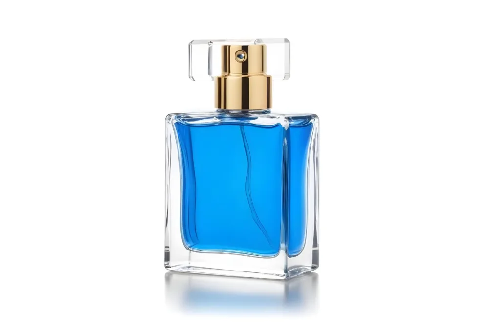 A Square Glass Perfume Bottle Filled With Clear Liquid A White Spray Nozzle And A Clear Cap On A White Background 24 027c