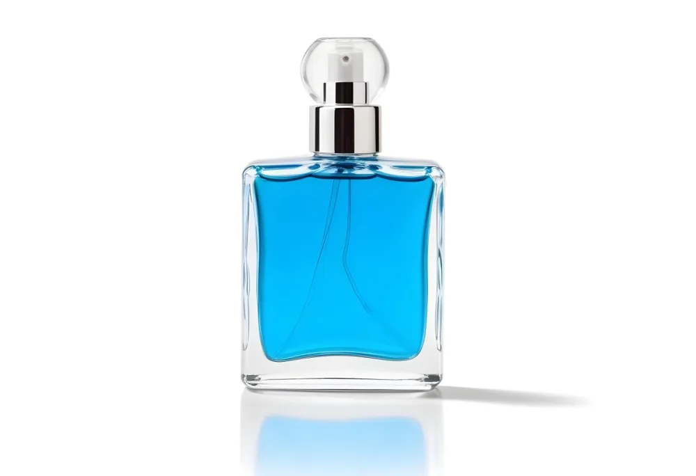 A Square Glass Perfume Bottle Filled With Clear Liquid A White Spray Nozzle And A Clear Cap On A White Background 8 C146