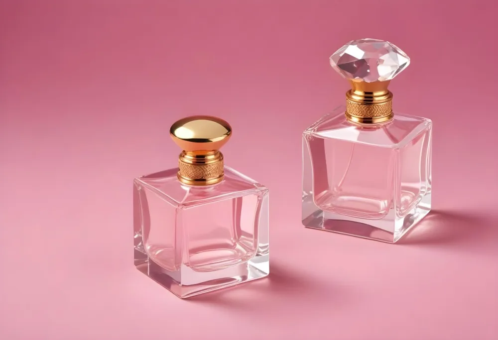 A Square Glass Perfume Bottle With A Golden Cap And A Crystal Cap On A Pink Background 10 3929