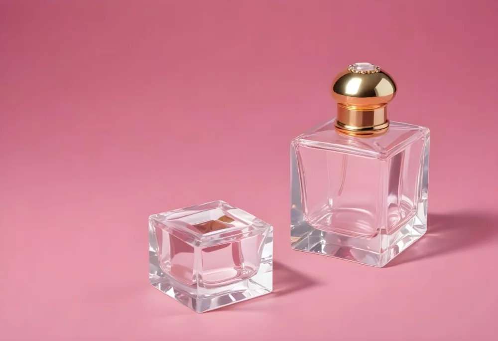 A Square Glass Perfume Bottle With A Golden Cap And A Crystal Cap On A Pink Background 15 4087