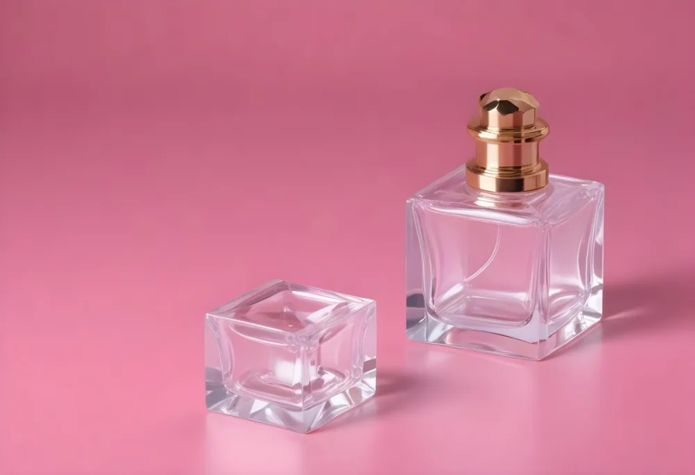 A Square Glass Perfume Bottle With A Golden Cap And A Crystal Cap On A Pink Background 2 91fe