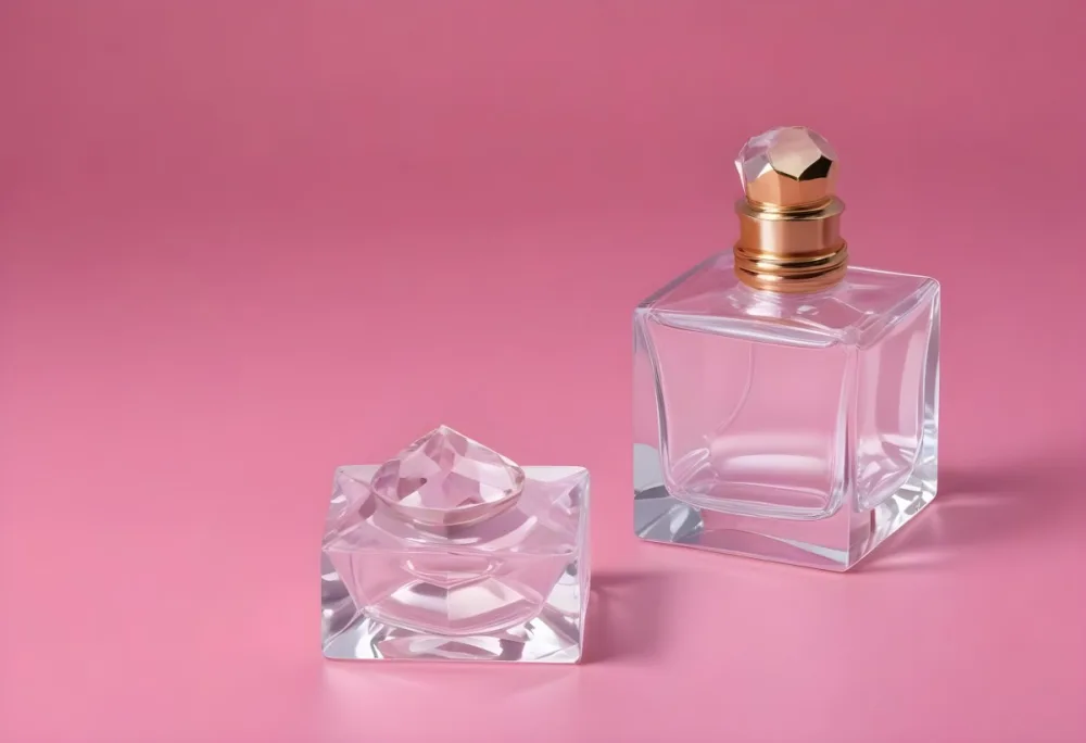 A Square Glass Perfume Bottle With A Golden Cap And A Crystal Cap On A Pink Background 21 3472