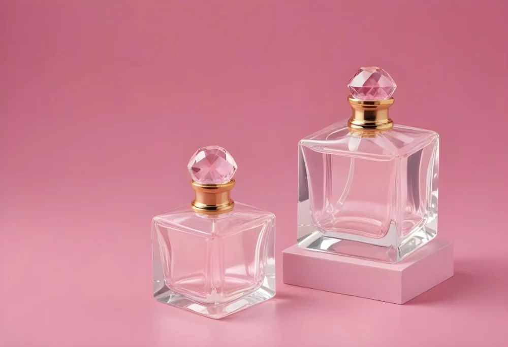 A Square Glass Perfume Bottle With A Golden Cap And A Crystal Cap On A Pink Background 34 D43f