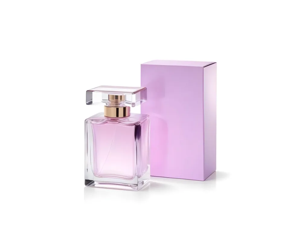 A Square Glass Perfume Bottle With A Pink Cap And A White Box Behind It On A White Background 17 11fa
