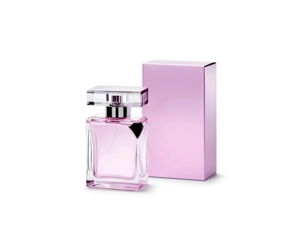 A Square Glass Perfume Bottle With A Pink Cap And A White Box Behind It On A White Background 19 F91d