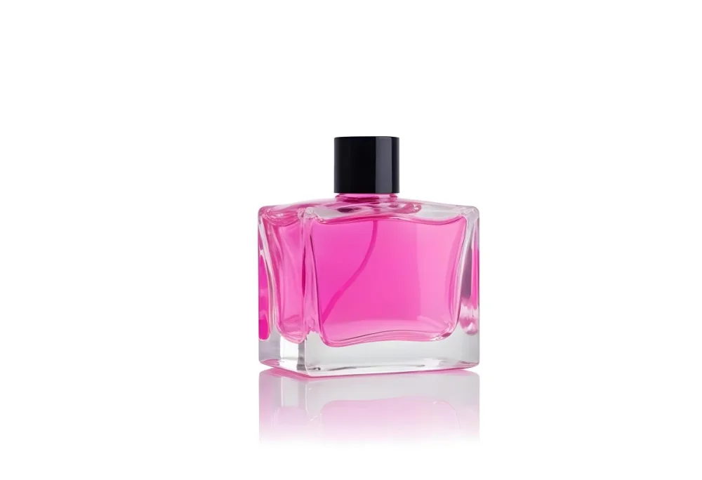 A Square Glass Perfume Bottle With A Pink Cap Filled With Bright Pink Liquid On A Black Background 1 7522