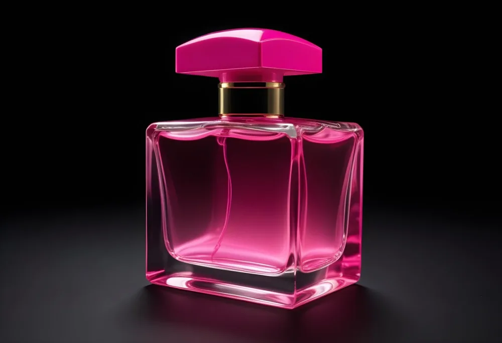A Square Glass Perfume Bottle With A Pink Cap Filled With Bright Pink Liquid On A Black Background 12 42b4