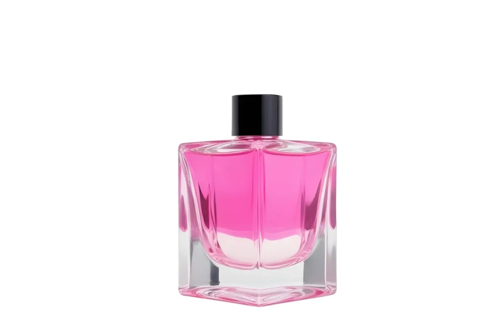 A Square Glass Perfume Bottle With A Pink Cap Filled With Bright Pink Liquid On A Black Background 13 58e5