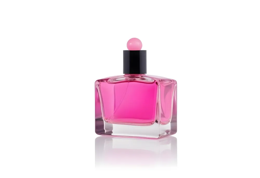 A Square Glass Perfume Bottle With A Pink Cap Filled With Bright Pink Liquid On A Black Background 19 7f75