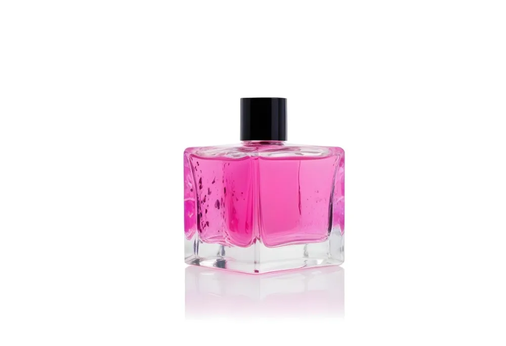 A Square Glass Perfume Bottle With A Pink Cap Filled With Bright Pink Liquid On A Black Background 22 Aa7a