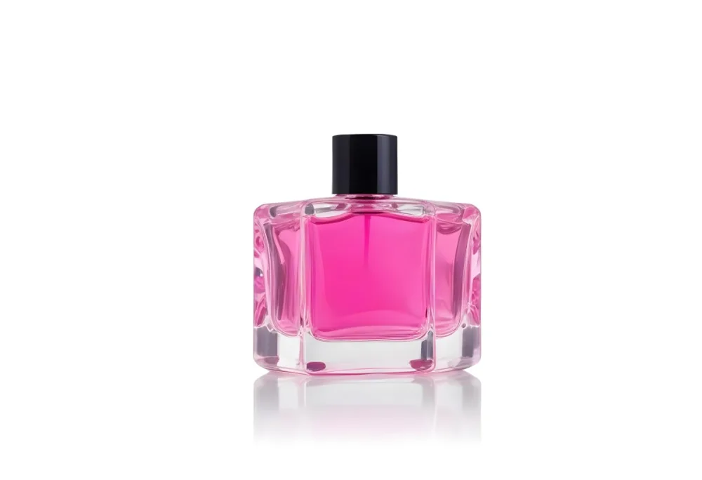 A Square Glass Perfume Bottle With A Pink Cap Filled With Bright Pink Liquid On A Black Background 25 E8f7