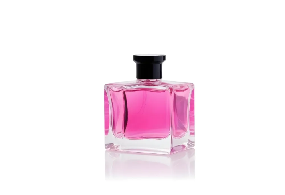 A Square Glass Perfume Bottle With A Pink Cap Filled With Bright Pink Liquid On A Black Background 26 7815