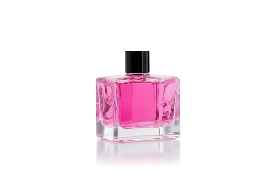 A Square Glass Perfume Bottle With A Pink Cap Filled With Bright Pink Liquid On A Black Background 29 8fee