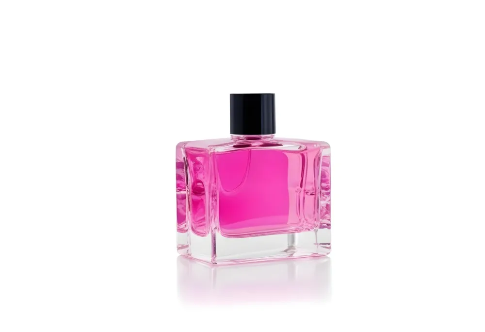 A Square Glass Perfume Bottle With A Pink Cap Filled With Bright Pink Liquid On A Black Background 39 0f0b
