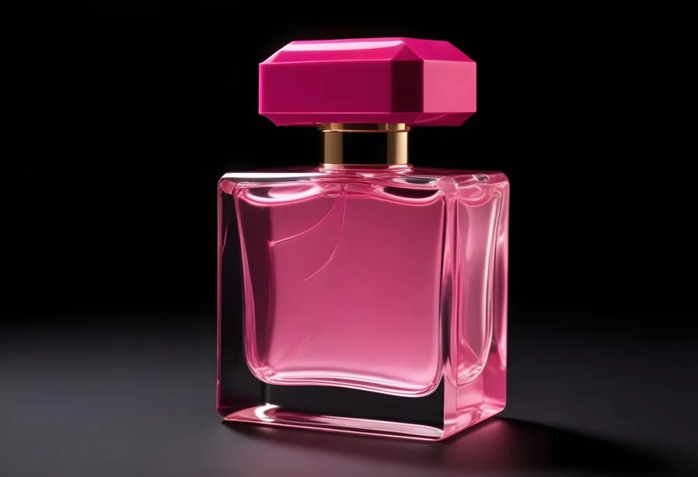 A Square Glass Perfume Bottle With A Pink Cap Filled With Bright Pink Liquid On A Black Background 4 1c7c