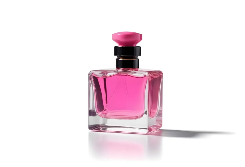 A Square Glass Perfume Bottle With A Pink Cap Filled With Bright Pink Liquid On A Black Background 40 2d70