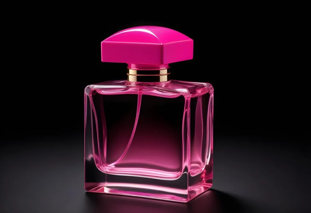 A Square Glass Perfume Bottle With A Pink Cap Filled With Bright Pink Liquid On A Black Background 42 2acd
