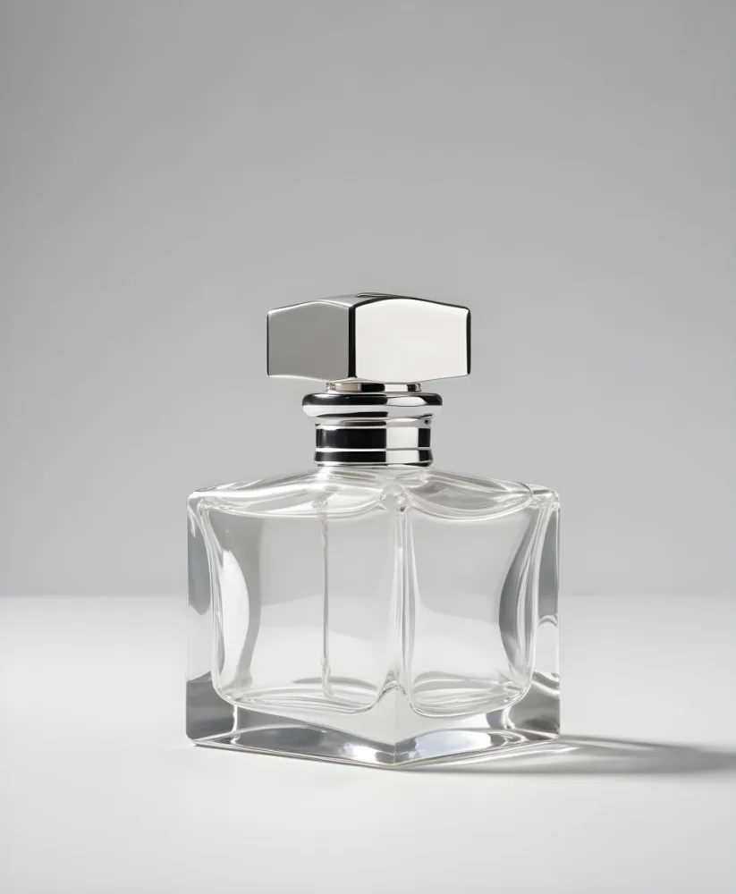 A Square Glass Perfume Bottle With A Silver Cap Product Photography Studio Shot Plain Background 11 660f