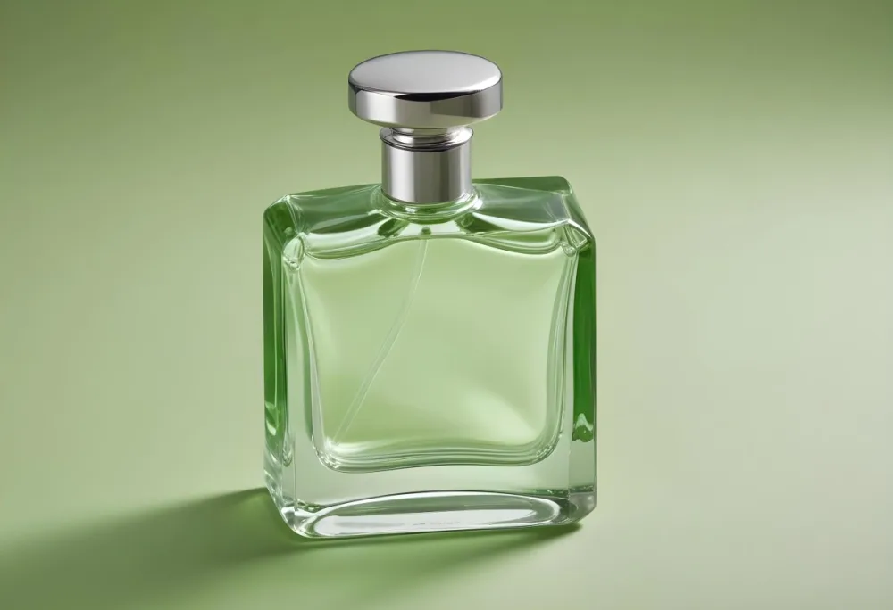 A Square Glass Perfume Bottle With A Silver Cap The Bottle Is On A Green Silk Background 17 E665