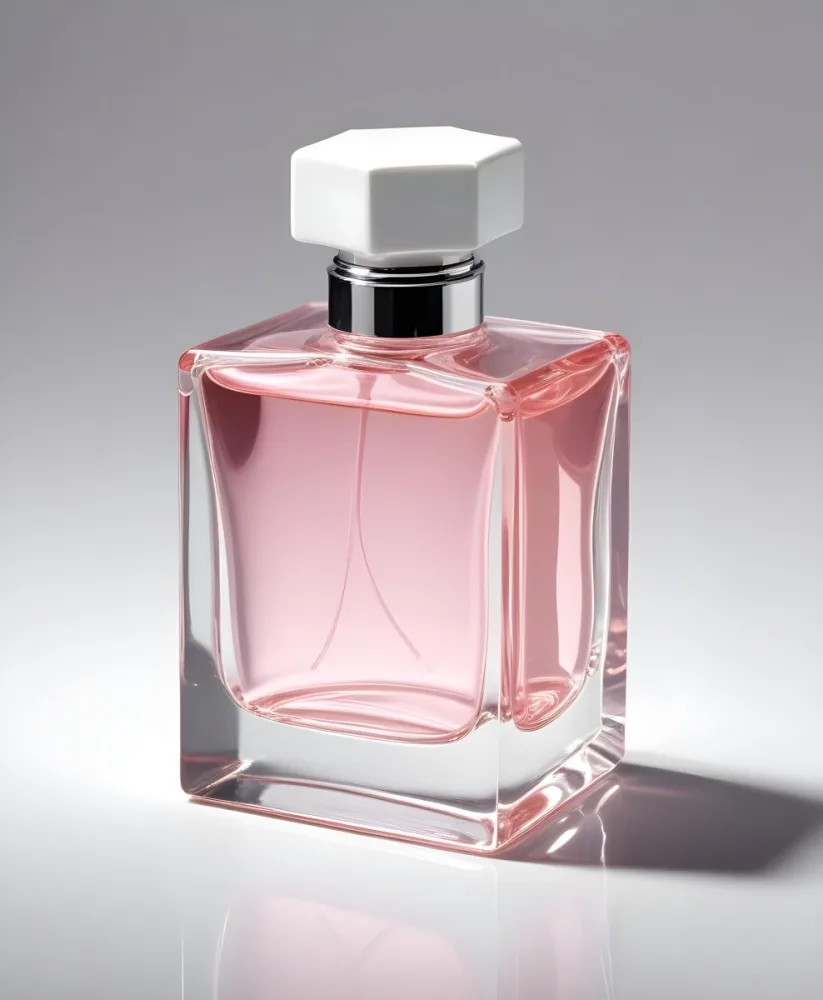 A Square Glass Perfume Bottle With A White Cap Filled With A Light Pink Liquid On A Reflective Surface In A White Background 15 2de2