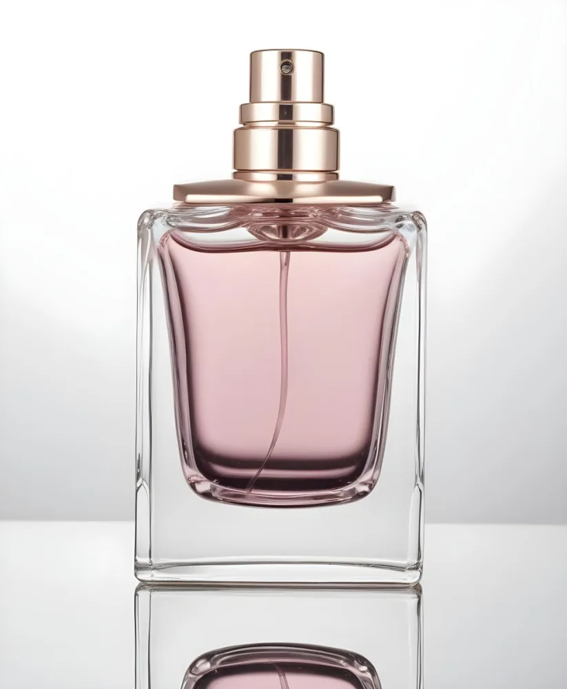 A Square Glass Perfume Bottle With A White Cap Filled With A Light Pink Liquid On A Reflective Surface In A White Background 19 2c97