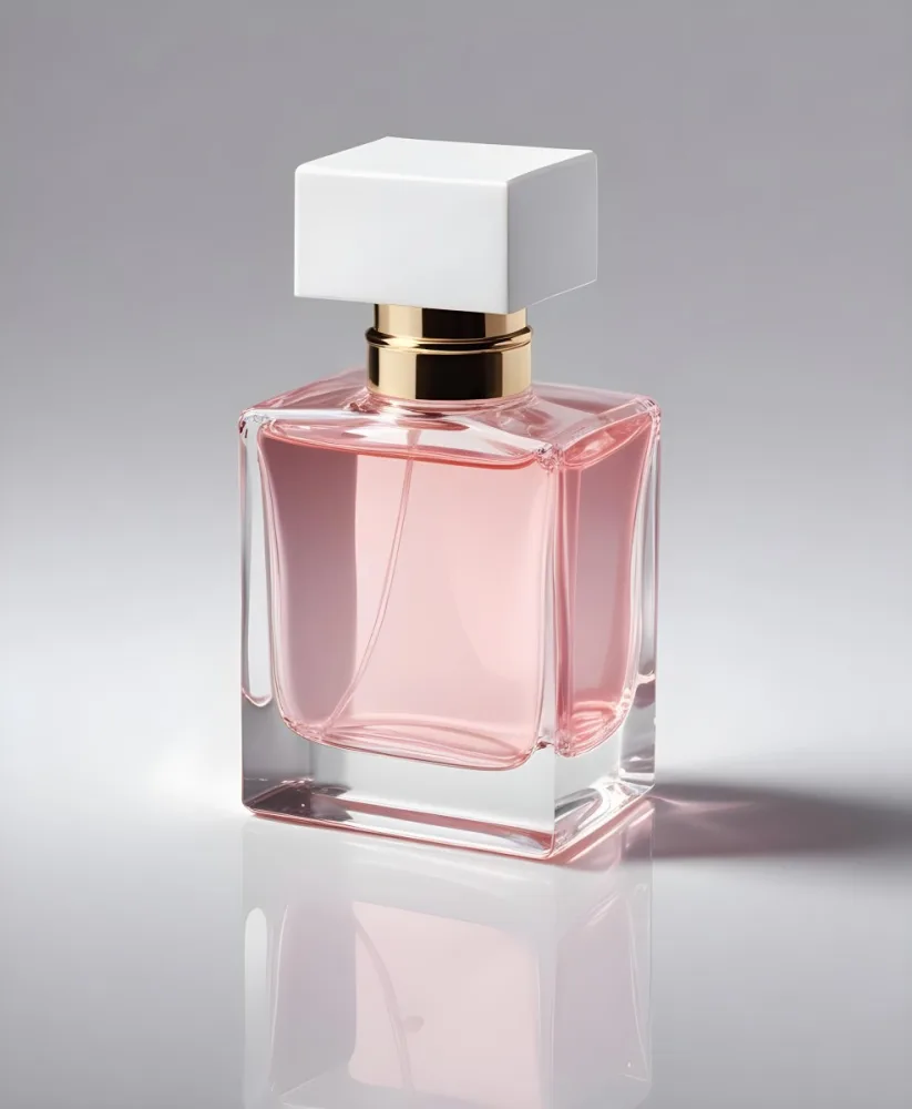 A Square Glass Perfume Bottle With A White Cap Filled With A Light Pink Liquid On A Reflective Surface In A White Background 3 Bcf6