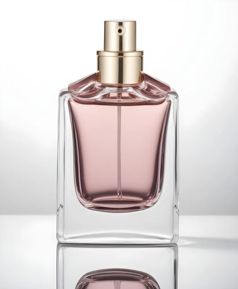 A Square Glass Perfume Bottle With A White Cap Filled With A Light Pink Liquid On A Reflective Surface In A White Background 4 4fe0