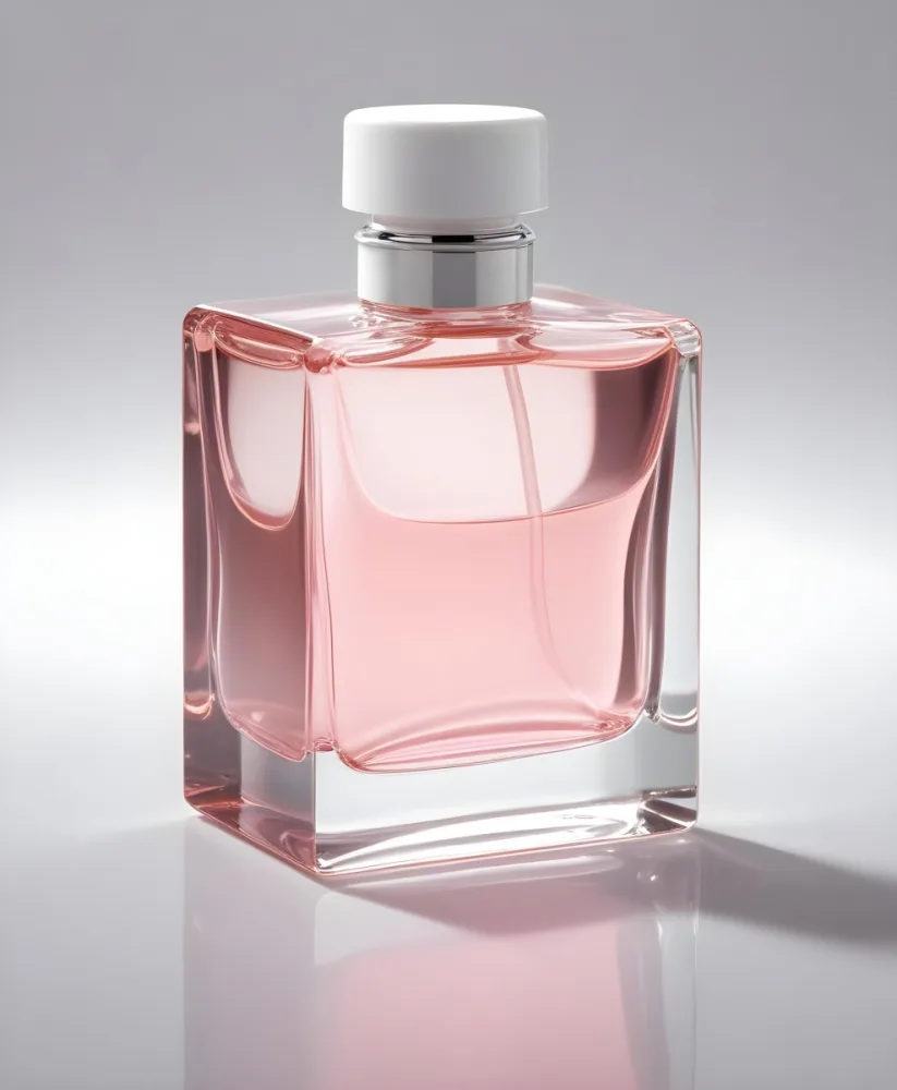 A Square Glass Perfume Bottle With A White Cap Filled With A Light Pink Liquid On A Reflective Surface In A White Background 41 9382