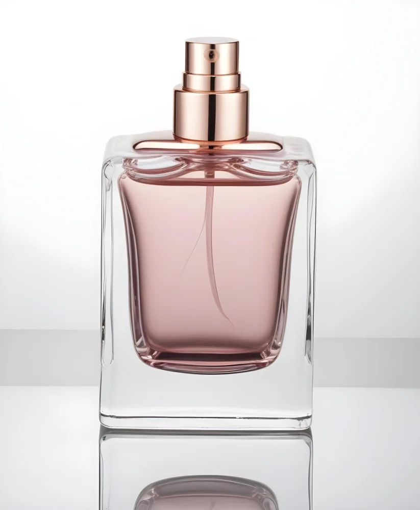A Square Glass Perfume Bottle With A White Cap Filled With A Light Pink Liquid On A Reflective Surface In A White Background 44 F1f6