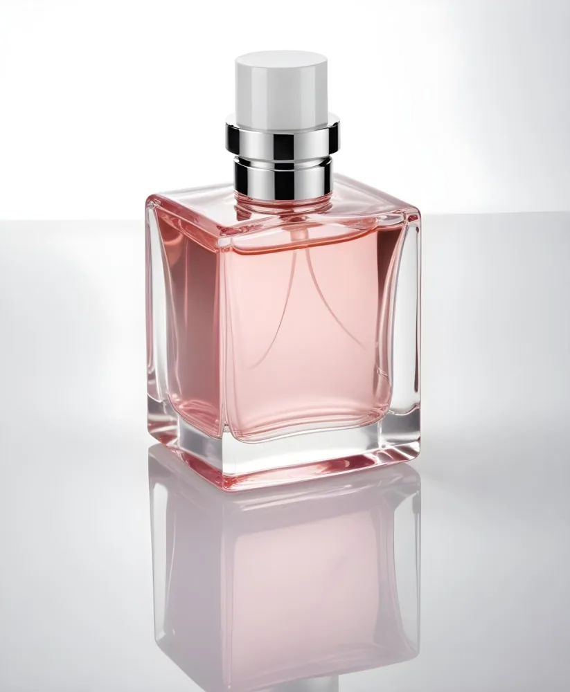 A Square Glass Perfume Bottle With A White Cap Filled With A Light Pink Liquid On A Reflective Surface In A White Background 7 8031