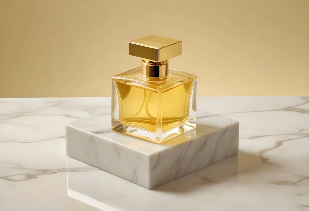 A Square Glass Perfume Bottle With Golden Liquid Inside On A Marble Block Light Yellow Background 16 029e