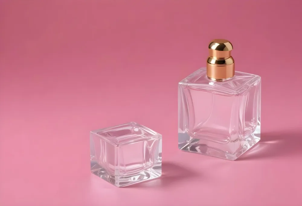 A Square Perfume Bottle With A Golden Nozzle And A Golden Cap Next To It In A Pink Background 17 B2b2
