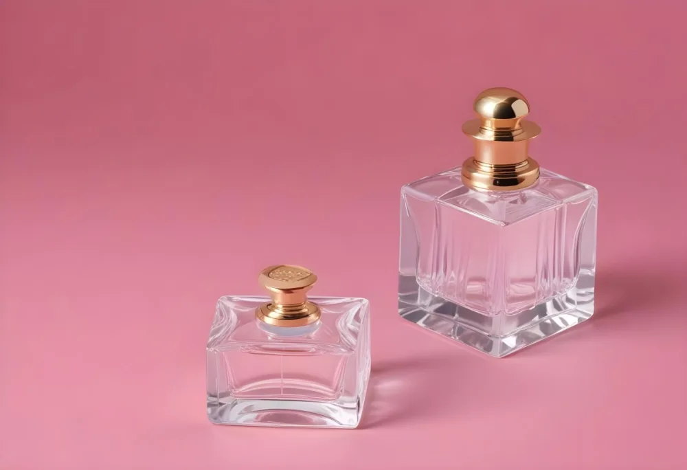A Square Perfume Bottle With A Golden Nozzle And A Golden Cap Next To It In A Pink Background 20 6343