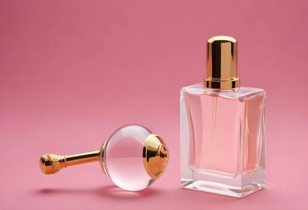 A Square Perfume Bottle With A Golden Nozzle And A Golden Cap Next To It In A Pink Background 7 7e3e