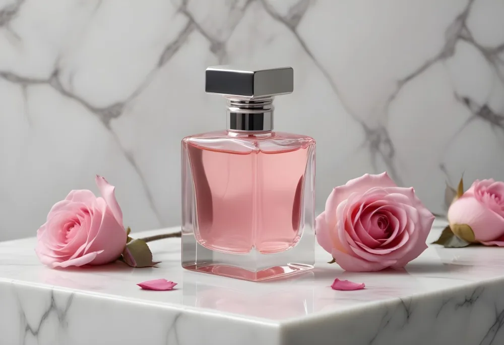 A Square Perfume Bottle With A Silver Cap Filled With Pink Liquid And A Rose Inside Surrounded By Roses And Petals On A Marble Surface 2 5579