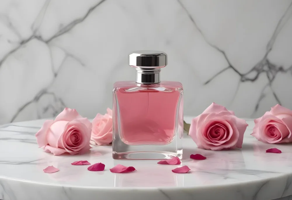 A Square Perfume Bottle With A Silver Cap Filled With Pink Liquid And A Rose Inside Surrounded By Roses And Petals On A Marble Surface 24 8a00