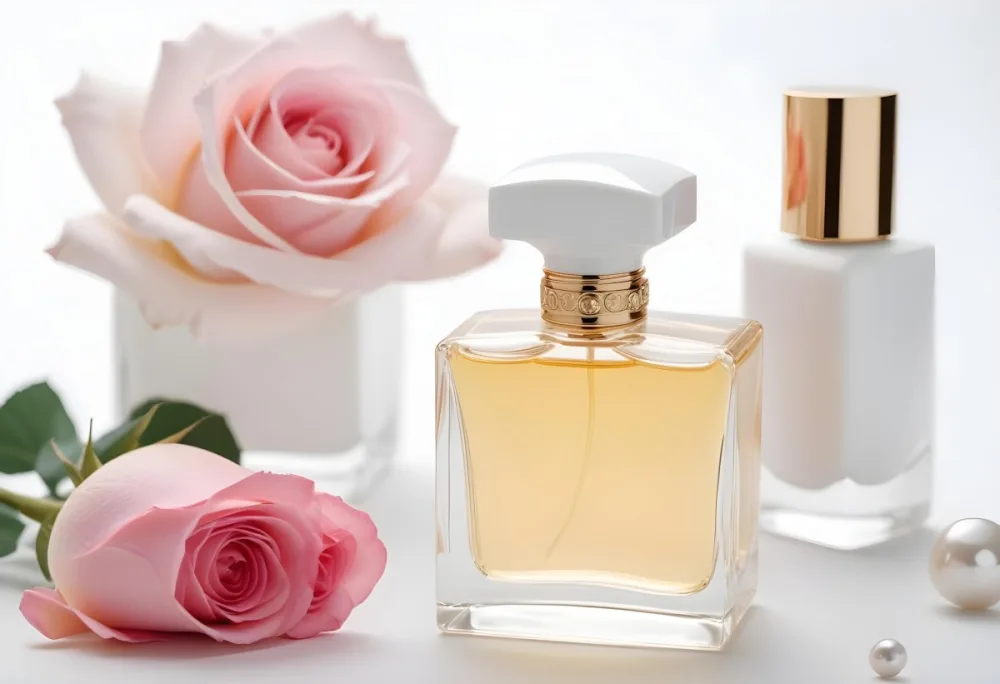 A Square Perfume Bottle With A White Cap Three Roses A Pearl Necklace And A Lipstick On A White Table 31 143b