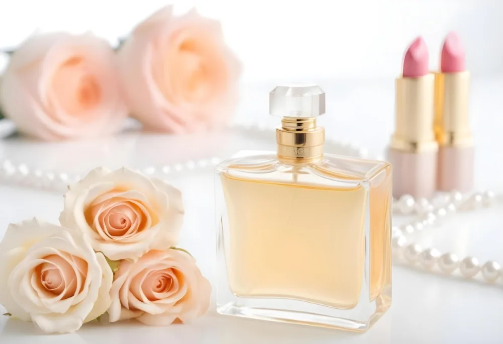 A Square Perfume Bottle With A White Cap Three Roses A Pearl Necklace And A Lipstick On A White Table 36 9e47