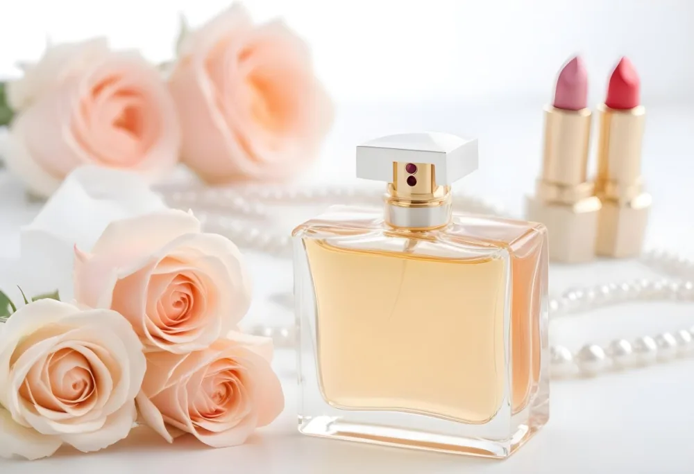 A Square Perfume Bottle With A White Cap Three Roses A Pearl Necklace And A Lipstick On A White Table 40 20ba