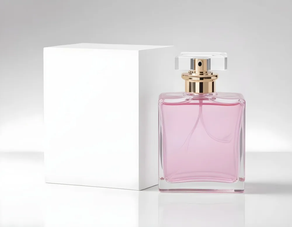 A Square Perfume Bottle With Pink Liquid And A Pink Box Behind It On A White Surface With A Blurred Background 19 51e1