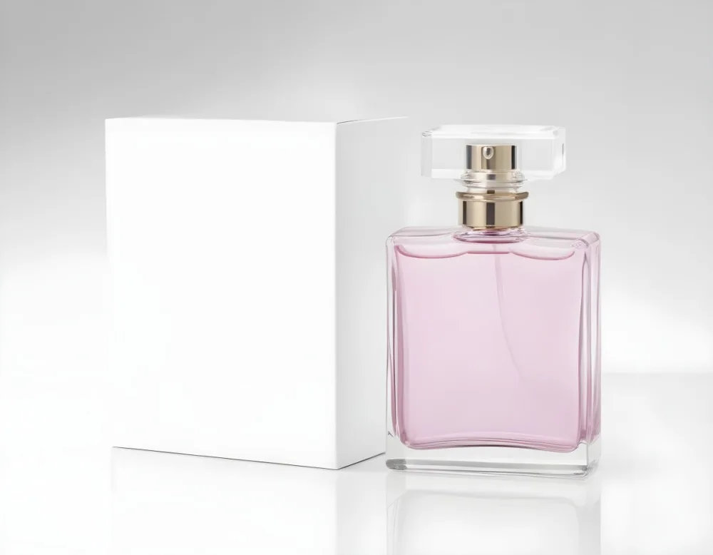 A Square Perfume Bottle With Pink Liquid And A Pink Box Behind It On A White Surface With A Blurred Background 43 C2b7