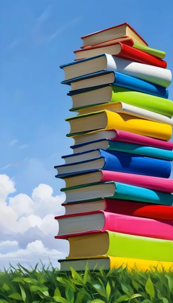 A Stack Of Colorful Books The Books Are Red Pink Yellow Green Blue And White In The Background A Blue Sky With Clouds 18 8628 D357