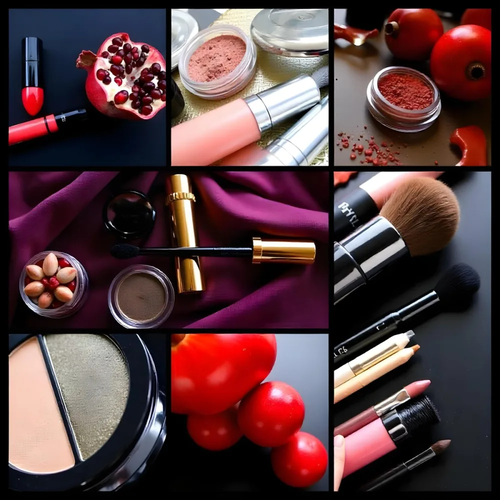A Still Life Arrangement Featuring Various Makeup Products And Pomegranate Fruits On A Pink Background 16 2f54
