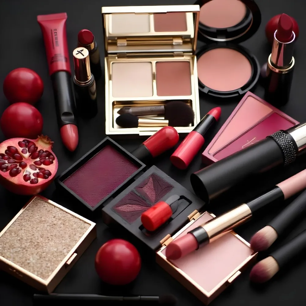 A Still Life Arrangement Featuring Various Makeup Products And Pomegranate Fruits On A Pink Background 7 75b0