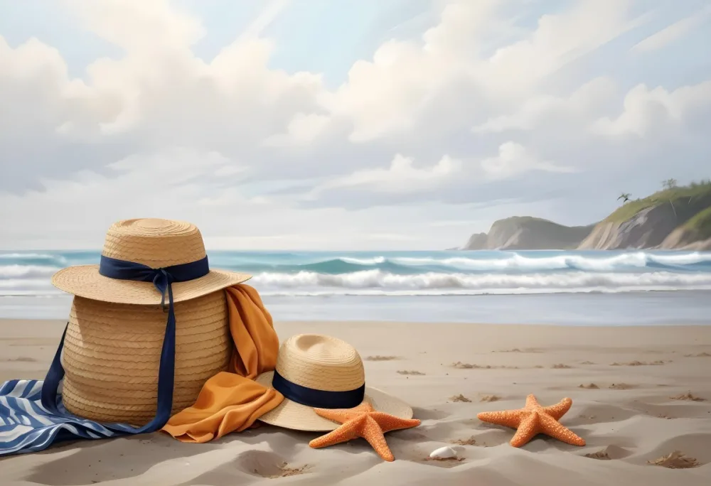 A Straw Hat And A Starfish Next To A Beach Bag On The Sand Ocean Waves In The Background 11 300b